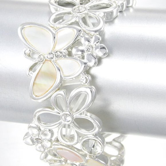 None Jewelry - WHITE Butterflies and Silver Flowers Bracelet